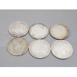 5 WORN VICTORIAN SILVER HALF CROWNS AND ONE GEORGIAN HALF CROWN 79.8G