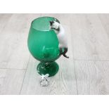 1960S GREEN BRANDY GLASS WITH CAT AND MOUSE FIGURE