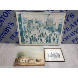 3 PICTURES INCLUDING L.S LOWRY LARGE FRAMED PRINT, OIL PAINTING SIGNED INDISTINCT AND A BLACK AND