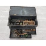 PINE BOX OF GUNSMITHS TOOLS AND CARTRIDGE FILLER INSTRUMENTS