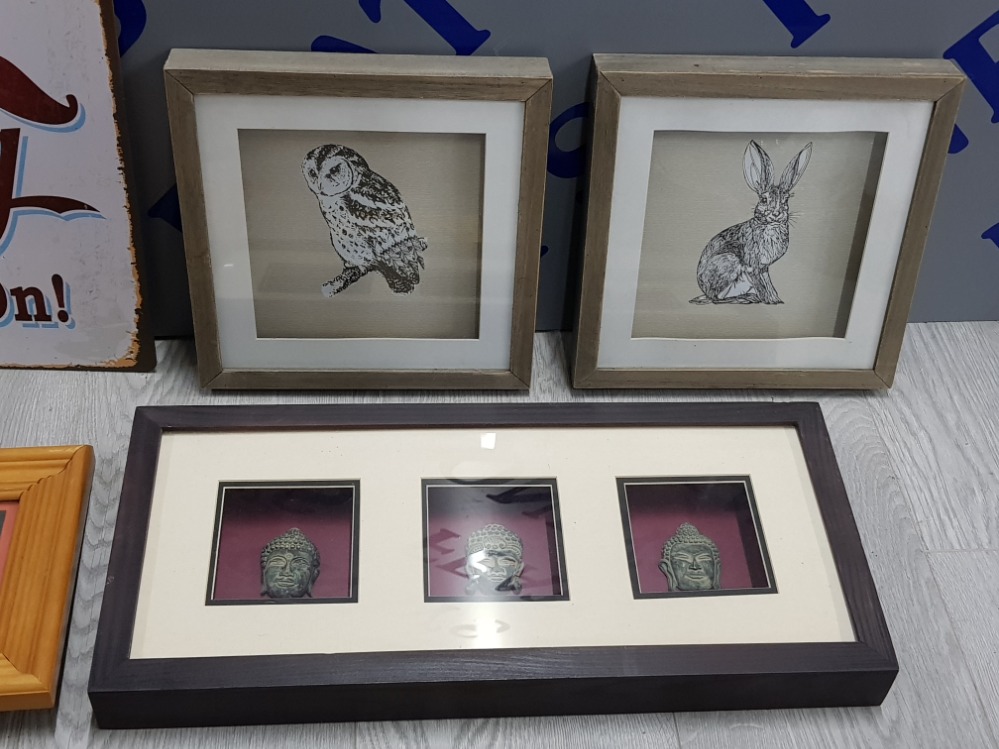 VARIOUS FRAMED ITEMS INCLUDING 4 ARTISTIC SCENES, 2 ANIMAL IMAGES AND 3 BUDDHA HEADS ETC - Image 3 of 4