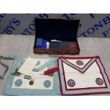 MASONIC REGALIA TO INCLUDE APRONS IN VINTAGE LEATHER CASE