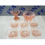 PINK DEPRESSION GLASS FRUIT SET AND VASE