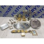 BOX OF MISCELLANEOUS ITEMS TO INCLUDE BRASS PEWTER SILVER PLATE ETC