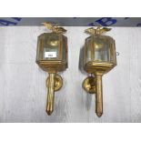 2 BRASS CARRIAGE LAMPS WITH EAGLE MOUNTED TOPS