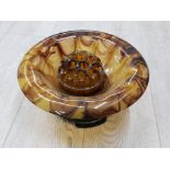 VERY LARGE VINTAGE DAVIDSON'S BROWN CLOUD GLASS FOLDED LIPPED CENTRE BOWL WITH STAND AND FROG