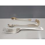 HALMARKED SILVER SUGAR TONGS PLUS SILVER FORK, 90.O GRAMS