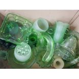 LARGE BOX OF GREEN GLASS INCLUDING SOWERBY DAVIDSONS JOBLING ETC