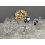 ASSORTED LOT OF CRYSTAL INCLUDING BRANDY GLASSES AND RINGTONS BLUE AND WHITE MILK JUG