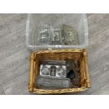 BOX AND BASKET OF GOOD PEN TRAYS AND GLASS INKWELLS MOST WITH COVERS