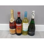 4 BOTTLES OF ALCOHOL TO INCLUDE DUBONNET VILLA VINCENT MEISTERS CUVEE AND VEUVE DELOYNES