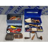2 TOOL BOXES OF VINTAGE TOOLS INCLUDING PLIERS, SCREWDRIVERS AND S VINTAGE HAND BRACE DRILL ETC