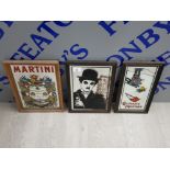 3 VINTAGE ADVERTISING MIRRORS INCLUDES MARTINI, COLMANS MUSTARD AND CHARLIE CHAPLIN