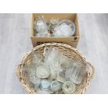 BOX AND BASKET OF LOCAL FLINT GLASS BY DAVIDSONS SOWERBY GREENER BAGLEY INCLUDES JUGS PLATES VASES