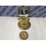 BRASS ITEMS TO INCLUDE CANDLESTICKS HEART SHAPED MIRROR LARGE BRASS DISH ETC