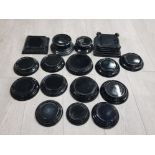 BOX OF BLACK GLASS DISPLAY STANDS APPROXIMATELY 15 INCLUDES DAVIDSONS SOWERBY ETC