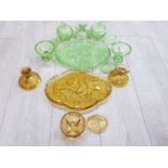 SOWERBY GREEN AND AMBER GLASS PART DRESSING TABLE SETS