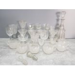 STEMWARE TO INCLUDE BABYCHAM SET OF 6 PUNCH CUPS AND VICTORIAN EDWARDIAN MALLET DECANTER AND ODD
