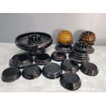 DAVIDSONS BLACK CUPPED BOWL BLACK GLASS STANDS AND VARIOUS SIZE FROGS