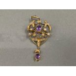 9CT YELLOW GOLD FANCY ORNATE STYLE BROOCH PENDANT SET WITH TWO OVAL AMETHYST STONES AND PEARLS 3.