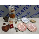 INTERESTING ITEMS INCLUDING COLLEGE BUTTERED FUDGE GLASS BOTTLE, ALABASTER OWL PAPERWEIGHT AND A