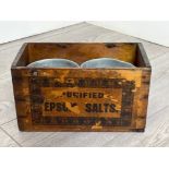 WOODEN EPSOM SALTS BOX USED NOW AS CANDLE HOLDER