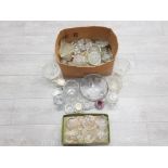 BOX OF LOCAL FLINT GLASS FLOWER FROGS ETC TOGETHER WITH A BOX OF FLINT GLASS AND POT COVERS ETC