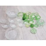 BOX CONTAINING A FROSTED GLASS FRUIT AND SALAD SET TOGETHER WITH A COLLECTION OF GREEN GLASS