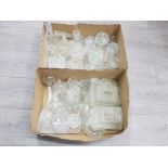 2 BOXES OF SMALL FLINT GLASS ITEMS INCLUDING DRESSER PIECES VASES AND TRAYS BY GREENER DAVIDSON
