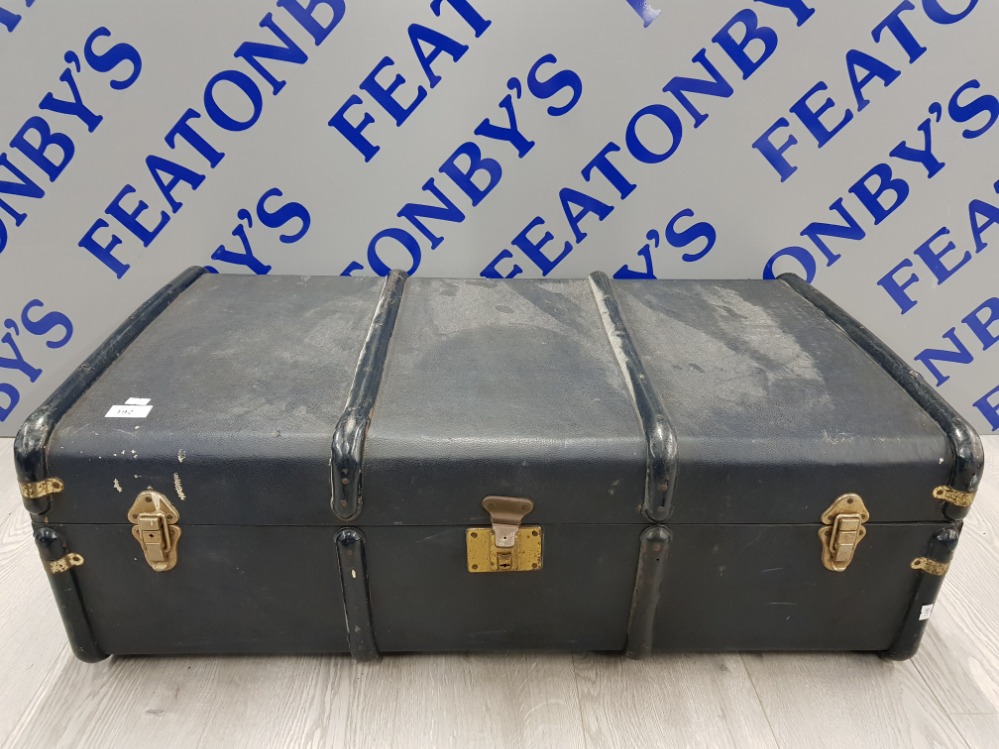 VINTAGE BLUE STEAMER TRUNK IN LEATHER/ COAX 92 X 32 X 52 CM SOLD AS SEEN