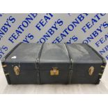 VINTAGE BLUE STEAMER TRUNK IN LEATHER/ COAX 92 X 32 X 52 CM SOLD AS SEEN