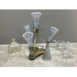 A FOUR TRUMPET BLUE EPERGNE PLATEWORN PLUS EXTRA TRUMPET AND OTHER LOCAL GLASS