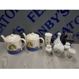 COLLECTION OF POTTERY ITEMS INCLUDING 2 WEDGWOOD TEA POTS AND AYNSLEY WILD TUDOR VASES