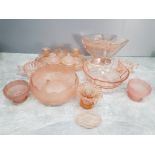 LARGE AMOUNT OF PINK GLASS INCLUDING SOWERBY BUTTERFLIES DRESSING TABLE SET AND THE REST IS MOSTLY