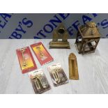 COLLECTION OF BRASS WARE INCLUDES CLOCK OR WATCH STAND, HALL LIGHT AND HANDLES ETC