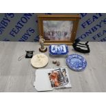 COLLECTION OF MIXED ITEMS INCLUDING CHENG CORONA WARE BLUE AND WHITE TERRINE, ALABASTER MADONNA WALL