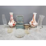 PAIR OF WHITE BALUSTER ART GLASS VASES WITH MISC TO INCLUDE SMALL GLASS SWANS OTHER VASES ETC