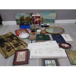 BOX OF MISCELLANEOUS ITEMS TO INCLUDE MAPS FRAMED ITEMS BOOKS 2 BOXED RADIOS ETC