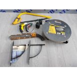 COLLECTION OF TOOLS INCLUDING A BOW SAW, WORK ZONE ROUND TROLLEY, SPUR METAL SHELF, BOSCH DRILL