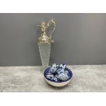 BLUE AND WHITE BOWL AND EGGS WITH DECORATIVE CLARET JUG