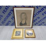 LARGE FRAMED CHALK AND PASTEL DRAWING OF A WOMAN SIGNED INDISTINCT WITH 2 SMALL PRINTS