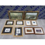 COLLECTION OF 10 FRAMED ITEMS INCLUDES 3 WATERCOLOURS, 1 BLOCK PRINT AND 6 PRINTS SOME OF