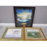 3 FRAMED ITEMS INCLUDES WATERCOLOUR OF ST MARY'S LIGHTHOUSE SIGNED AND DATES GORDON HAMILTON 1994