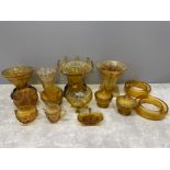 QUANTITY OF LOCAL AMBER GLASS VASES WITH DECO PATTERNS DAVIDSON JOBLING SOWERBY ETC