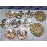 8 WEDGWOOD COLLECTORS PLATES WITH 2 BRASS COMMEMORATIVE WALL PLATES