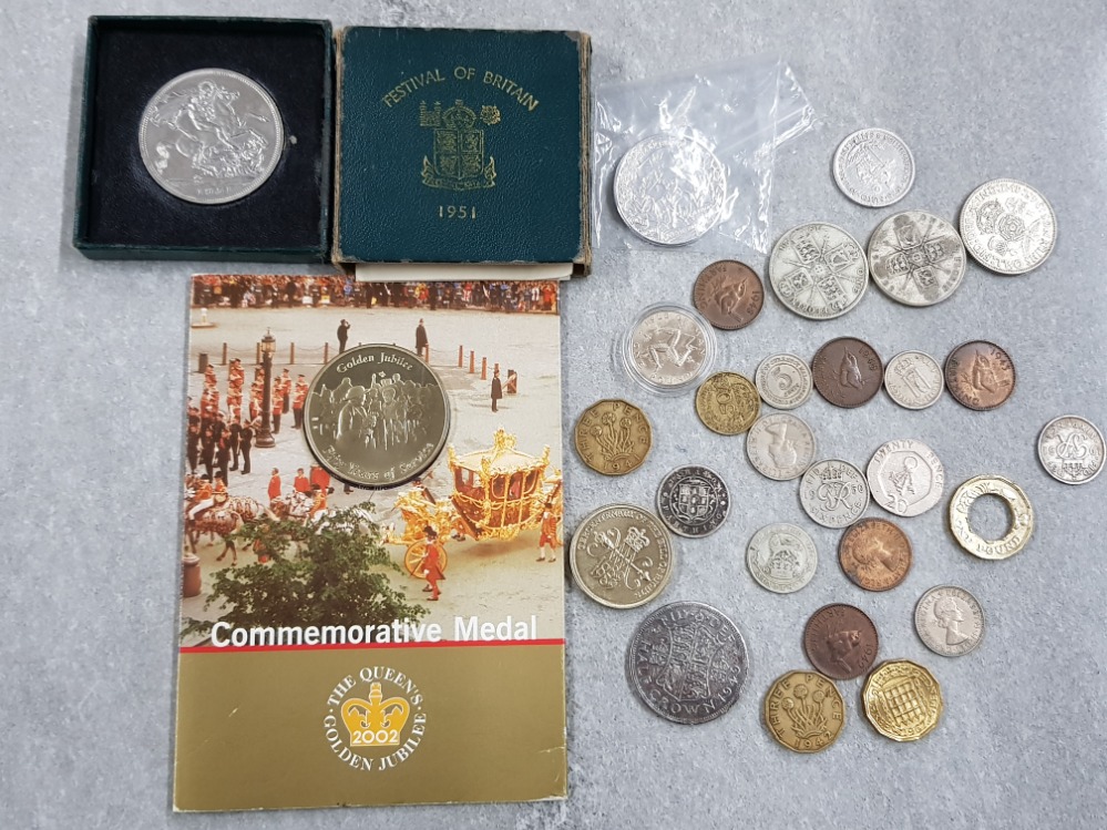 MIXED COINAGE INCLUDING FESTIVAL OF BRITAIN 1951, 1920 SIXPENCE AND GOLDEN JUBILEE FIFTY YEARS OF