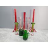 ASSORTED ART GLASS BY WHITEFRIARS ASEDA GLASBRUK AND 3 RED CHINESE BUD VASES