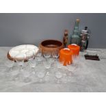 A BOX OF MISCELLANEOUS INCLUDES GLASSWARE SHIP IN A BOTTLE TREEN BOWL ETC