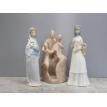 LLADRO LADY FIGURE HOLDING FLOWERS TOGETHER WITH SOAPSTONE FIGURE FAMILY OF 3 PLUS VALENCIA FIGURE