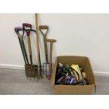 BOX OF MISC GARDEN TOOLS TOGETHER WITH SHOVEL, RAKES ETC